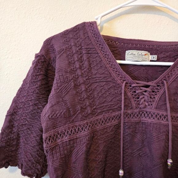 Women's Hand Made Knit Flowy Indie Hippie Fairy Style Corset Tie Up Blouse - Picture 3 of 6